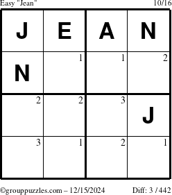 The grouppuzzles.com Easy Jean puzzle for Sunday December 15, 2024 with the first 3 steps marked