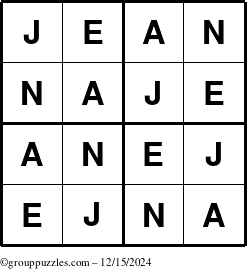 The grouppuzzles.com Answer grid for the Jean puzzle for Sunday December 15, 2024