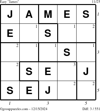 The grouppuzzles.com Easy James puzzle for Sunday December 15, 2024 with all 3 steps marked