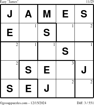 The grouppuzzles.com Easy James puzzle for Sunday December 15, 2024 with the first 3 steps marked