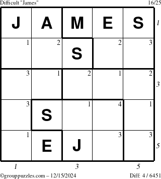 The grouppuzzles.com Difficult James puzzle for Sunday December 15, 2024 with all 4 steps marked