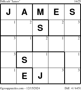 The grouppuzzles.com Difficult James puzzle for Sunday December 15, 2024 with the first 3 steps marked