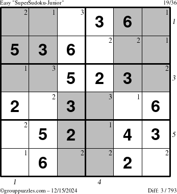 The grouppuzzles.com Easy SuperSudoku-Junior puzzle for Sunday December 15, 2024, suitable for printing, with all 3 steps marked