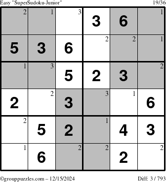 The grouppuzzles.com Easy SuperSudoku-Junior puzzle for Sunday December 15, 2024 with the first 3 steps marked