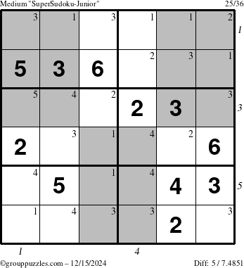 The grouppuzzles.com Medium SuperSudoku-Junior puzzle for Sunday December 15, 2024, suitable for printing, with all 5 steps marked