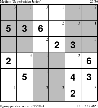 The grouppuzzles.com Medium SuperSudoku-Junior puzzle for Sunday December 15, 2024 with the first 3 steps marked