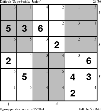 The grouppuzzles.com Difficult SuperSudoku-Junior puzzle for Sunday December 15, 2024, suitable for printing, with all 6 steps marked