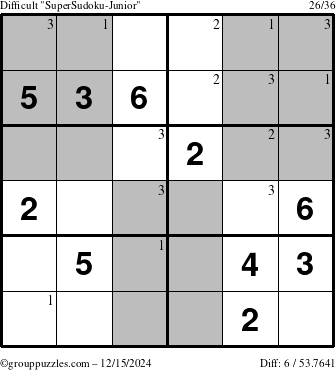 The grouppuzzles.com Difficult SuperSudoku-Junior puzzle for Sunday December 15, 2024 with the first 3 steps marked