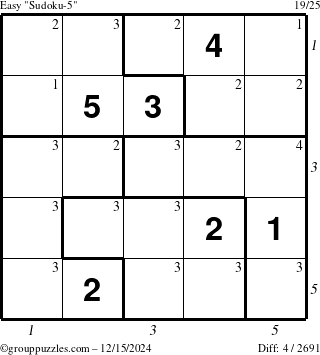 The grouppuzzles.com Easy Sudoku-5 puzzle for Sunday December 15, 2024 with all 4 steps marked