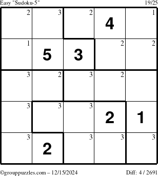 The grouppuzzles.com Easy Sudoku-5 puzzle for Sunday December 15, 2024 with the first 3 steps marked