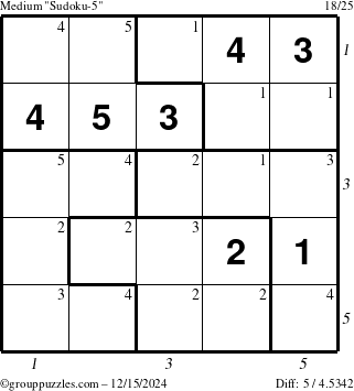 The grouppuzzles.com Medium Sudoku-5 puzzle for Sunday December 15, 2024, suitable for printing, with all 5 steps marked