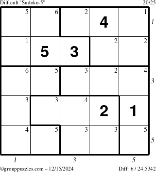 The grouppuzzles.com Difficult Sudoku-5 puzzle for Sunday December 15, 2024 with all 6 steps marked