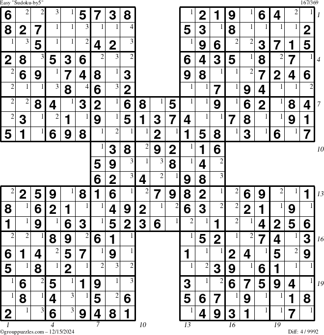 The grouppuzzles.com Easy Sudoku-by5 puzzle for Sunday December 15, 2024 with all 4 steps marked