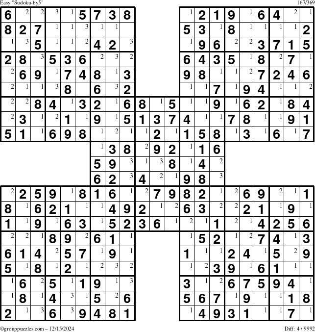 The grouppuzzles.com Easy Sudoku-by5 puzzle for Sunday December 15, 2024 with the first 3 steps marked