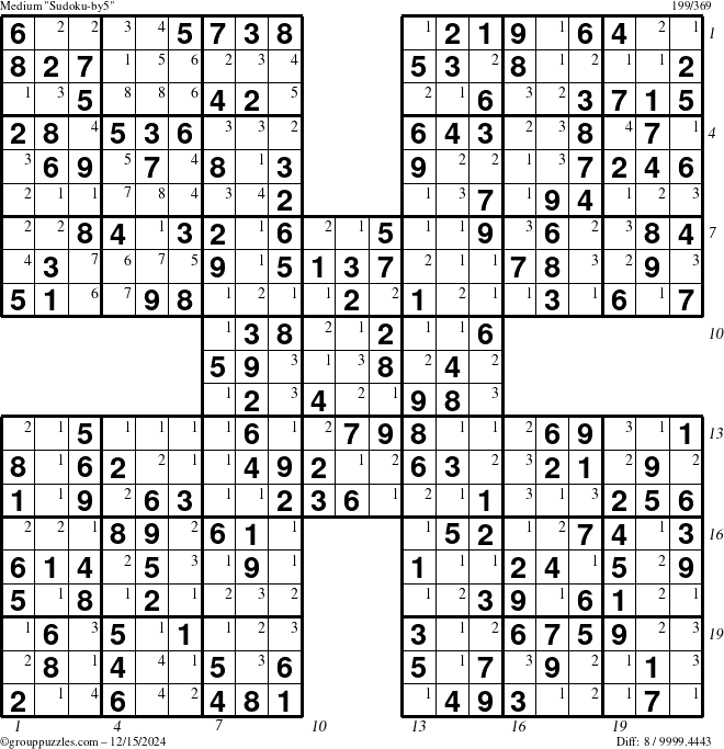 The grouppuzzles.com Medium Sudoku-by5 puzzle for Sunday December 15, 2024 with all 8 steps marked