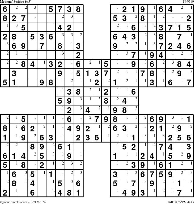 The grouppuzzles.com Medium Sudoku-by5 puzzle for Sunday December 15, 2024 with the first 3 steps marked