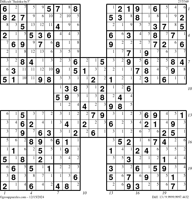 The grouppuzzles.com Difficult Sudoku-by5 puzzle for Sunday December 15, 2024 with all 13 steps marked