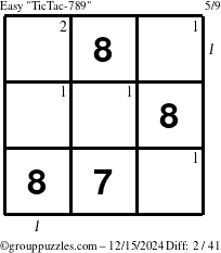 The grouppuzzles.com Easy TicTac-789 puzzle for Sunday December 15, 2024 with all 2 steps marked