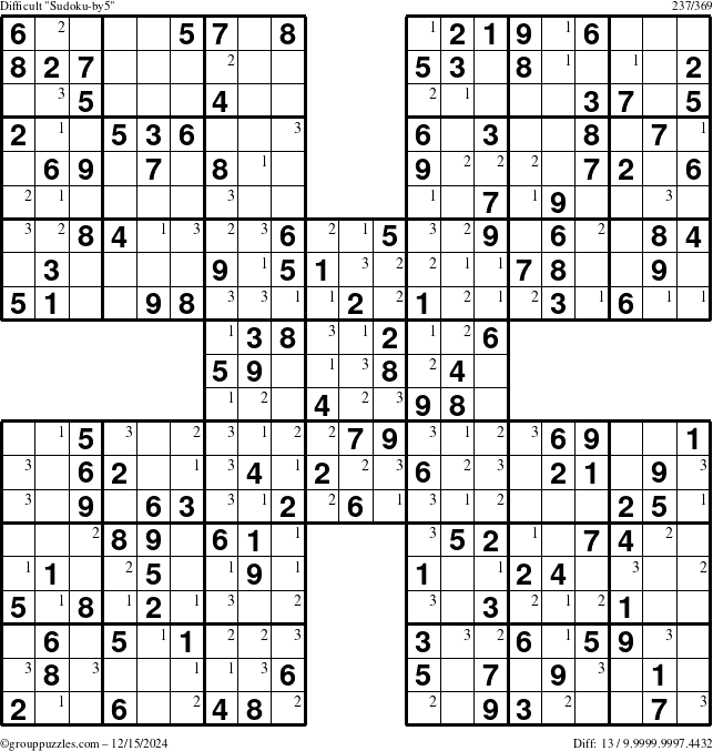 The grouppuzzles.com Difficult Sudoku-by5 puzzle for Sunday December 15, 2024 with the first 3 steps marked