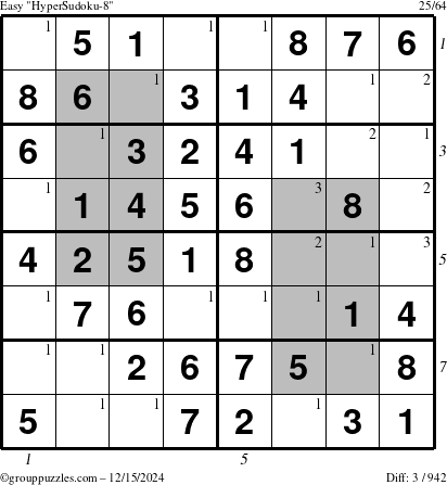 The grouppuzzles.com Easy HyperSudoku-8 puzzle for Sunday December 15, 2024 with all 3 steps marked