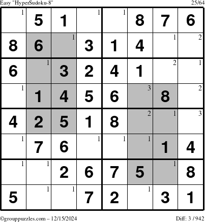 The grouppuzzles.com Easy HyperSudoku-8 puzzle for Sunday December 15, 2024 with the first 3 steps marked