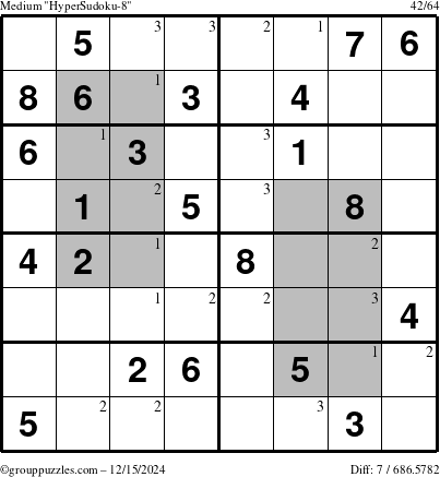 The grouppuzzles.com Medium HyperSudoku-8 puzzle for Sunday December 15, 2024 with the first 3 steps marked