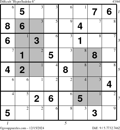 The grouppuzzles.com Difficult HyperSudoku-8 puzzle for Sunday December 15, 2024 with all 9 steps marked