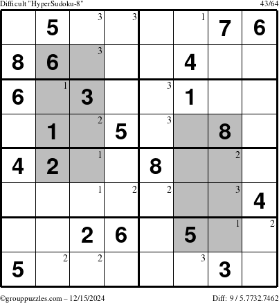 The grouppuzzles.com Difficult HyperSudoku-8 puzzle for Sunday December 15, 2024 with the first 3 steps marked