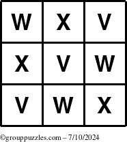 The grouppuzzles.com Answer grid for the TicTac-VWX puzzle for Wednesday July 10, 2024