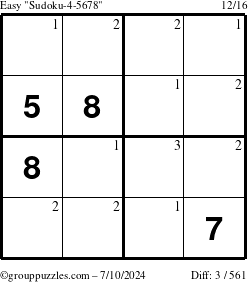 The grouppuzzles.com Easy Sudoku-4-5678 puzzle for Wednesday July 10, 2024 with the first 3 steps marked