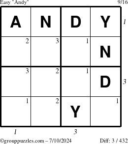 The grouppuzzles.com Easy Andy puzzle for Wednesday July 10, 2024 with all 3 steps marked