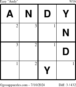 The grouppuzzles.com Easy Andy puzzle for Wednesday July 10, 2024 with the first 3 steps marked