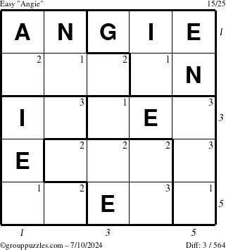 The grouppuzzles.com Easy Angie puzzle for Wednesday July 10, 2024, suitable for printing, with all 3 steps marked