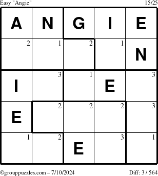 The grouppuzzles.com Easy Angie puzzle for Wednesday July 10, 2024 with the first 3 steps marked