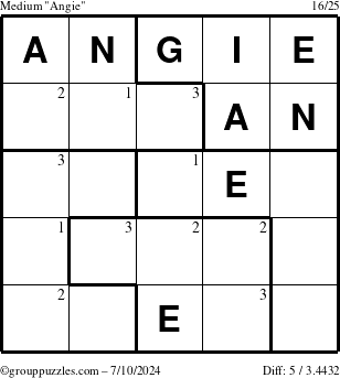 The grouppuzzles.com Medium Angie puzzle for Wednesday July 10, 2024 with the first 3 steps marked