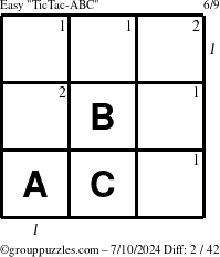 The grouppuzzles.com Easy TicTac-ABC puzzle for Wednesday July 10, 2024, suitable for printing, with all 2 steps marked