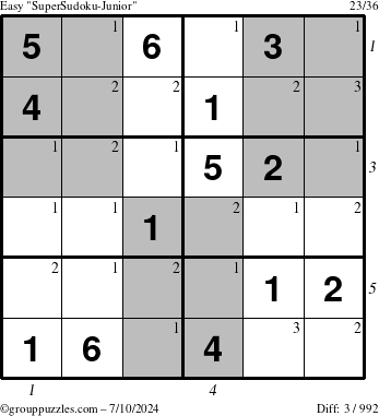 The grouppuzzles.com Easy SuperSudoku-Junior puzzle for Wednesday July 10, 2024 with all 3 steps marked