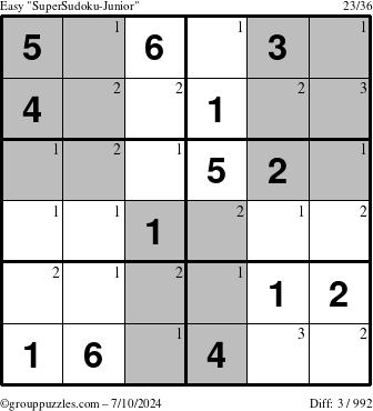 The grouppuzzles.com Easy SuperSudoku-Junior puzzle for Wednesday July 10, 2024 with the first 3 steps marked