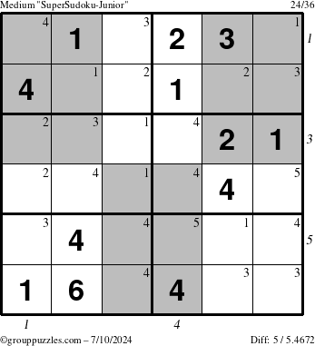 The grouppuzzles.com Medium SuperSudoku-Junior puzzle for Wednesday July 10, 2024 with all 5 steps marked