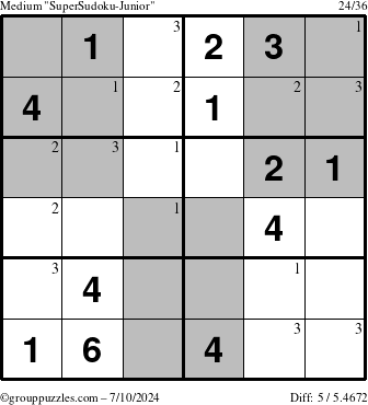 The grouppuzzles.com Medium SuperSudoku-Junior puzzle for Wednesday July 10, 2024 with the first 3 steps marked