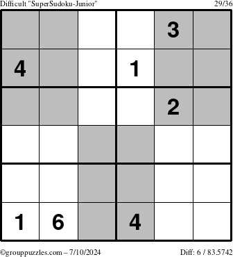 The grouppuzzles.com Difficult SuperSudoku-Junior puzzle for Wednesday July 10, 2024