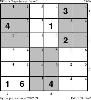 The grouppuzzles.com Difficult SuperSudoku-Junior puzzle for Wednesday July 10, 2024 with all 6 steps marked