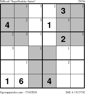 The grouppuzzles.com Difficult SuperSudoku-Junior puzzle for Wednesday July 10, 2024 with the first 3 steps marked