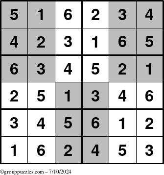 The grouppuzzles.com Answer grid for the SuperSudoku-Junior puzzle for Wednesday July 10, 2024