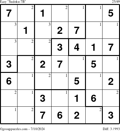 The grouppuzzles.com Easy Sudoku-7B puzzle for Wednesday July 10, 2024 with the first 3 steps marked