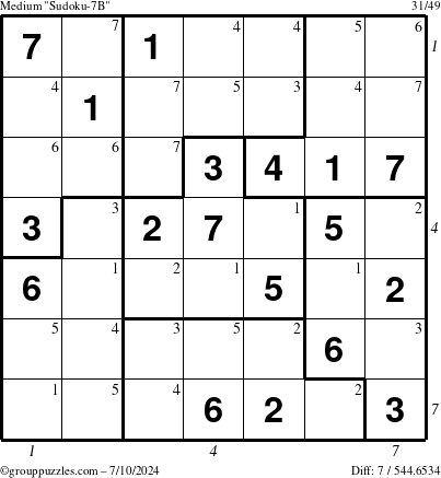 The grouppuzzles.com Medium Sudoku-7B puzzle for Wednesday July 10, 2024 with all 7 steps marked