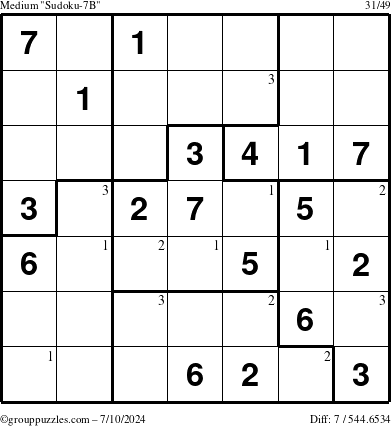 The grouppuzzles.com Medium Sudoku-7B puzzle for Wednesday July 10, 2024 with the first 3 steps marked