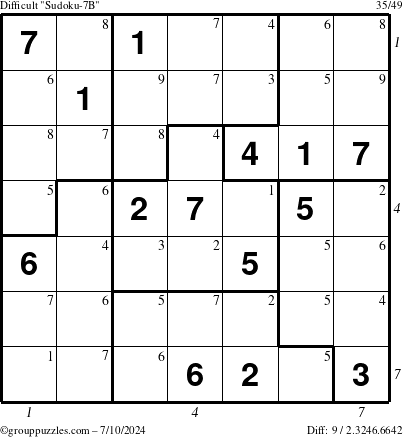 The grouppuzzles.com Difficult Sudoku-7B puzzle for Wednesday July 10, 2024 with all 9 steps marked