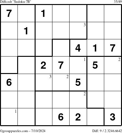 The grouppuzzles.com Difficult Sudoku-7B puzzle for Wednesday July 10, 2024 with the first 3 steps marked