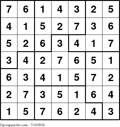 The grouppuzzles.com Answer grid for the Sudoku-7B puzzle for Wednesday July 10, 2024